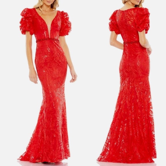 MAC DUGGAL Embellished Puff Sleeve Plunge Neck Trumpet Gown NWT Red Size 6 - Picture 2 of 6